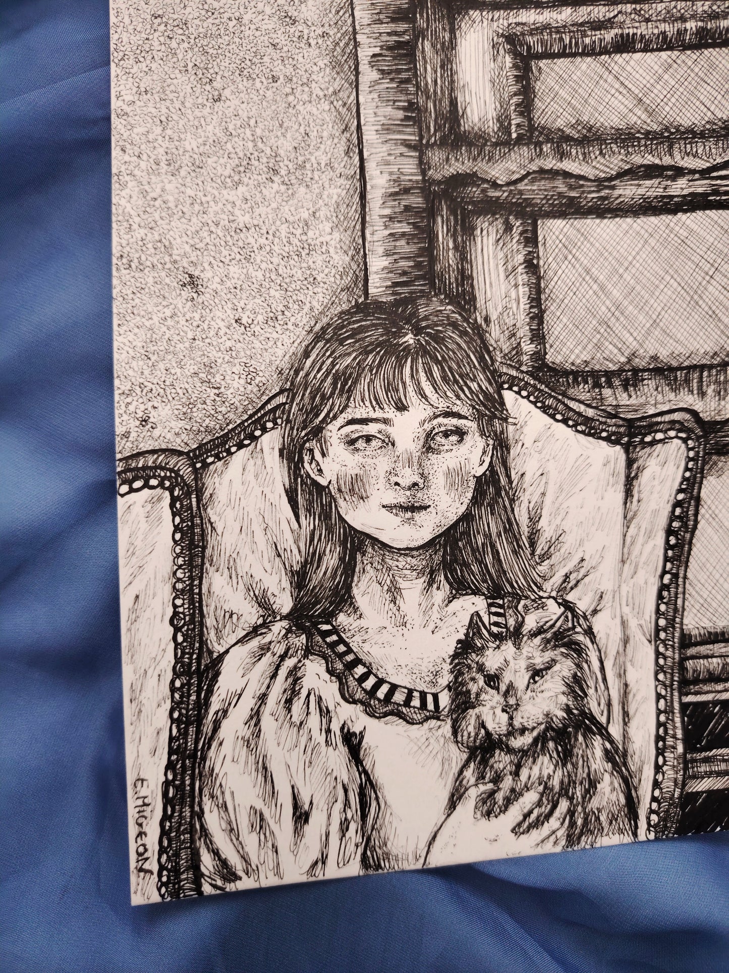 Illustration originale en A5 "La femme et son chat"
