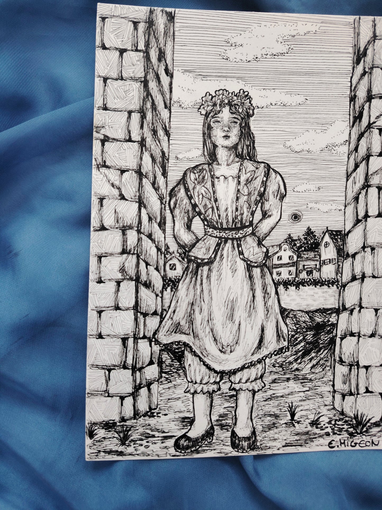 Illustration originale en A5 "La fille à la couronne de fleurs"