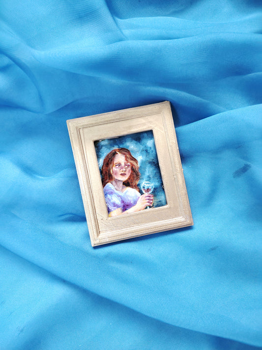 Portrait huile sur bois miniature "Un dernier verre"