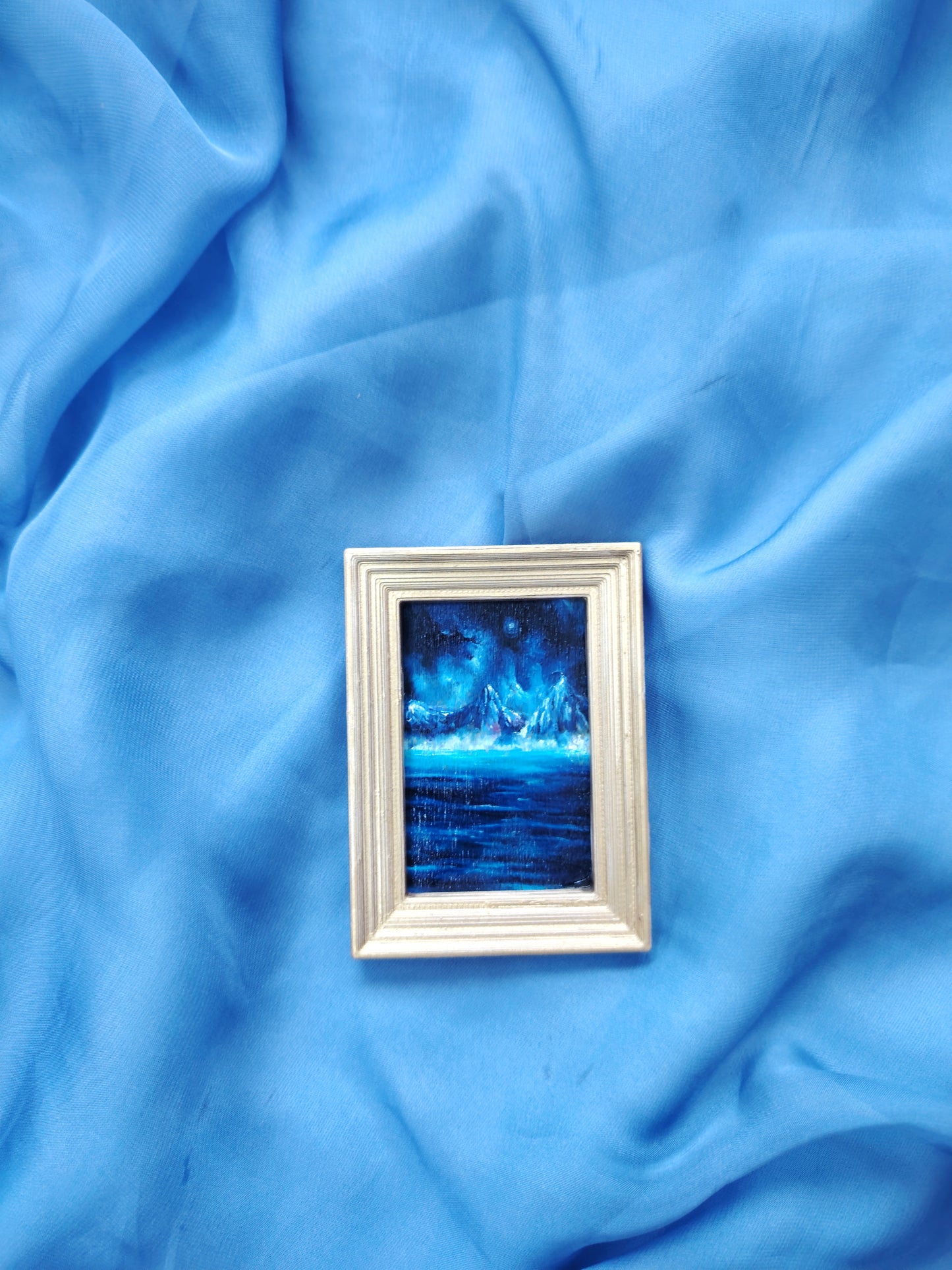 Huile sur bois miniature "La nuit sur les montagnes"