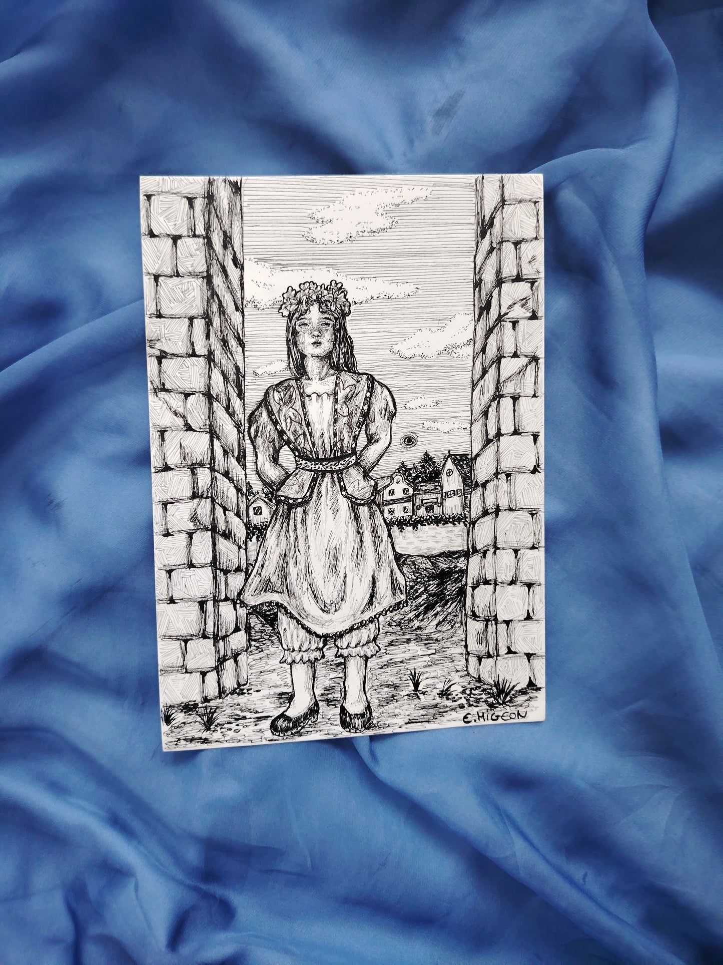 Illustration originale en A5 "La fille à la couronne de fleurs"