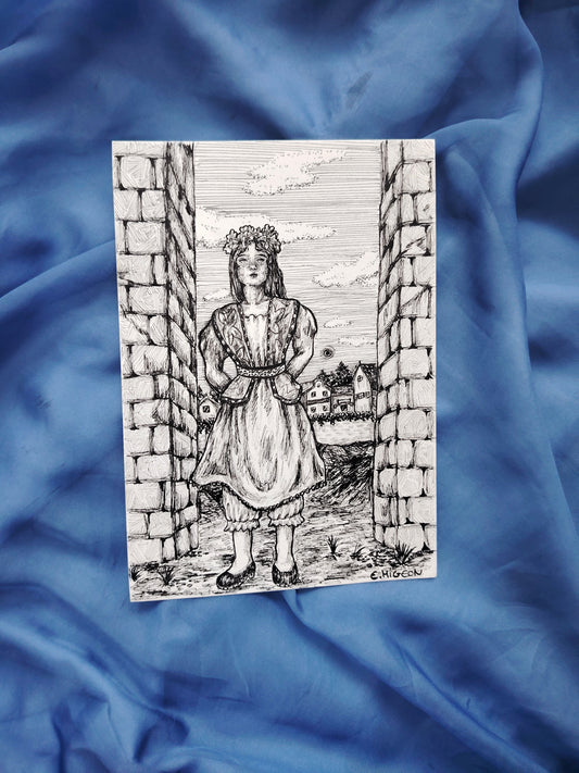 Illustration originale en A5 "La fille à la couronne de fleurs"