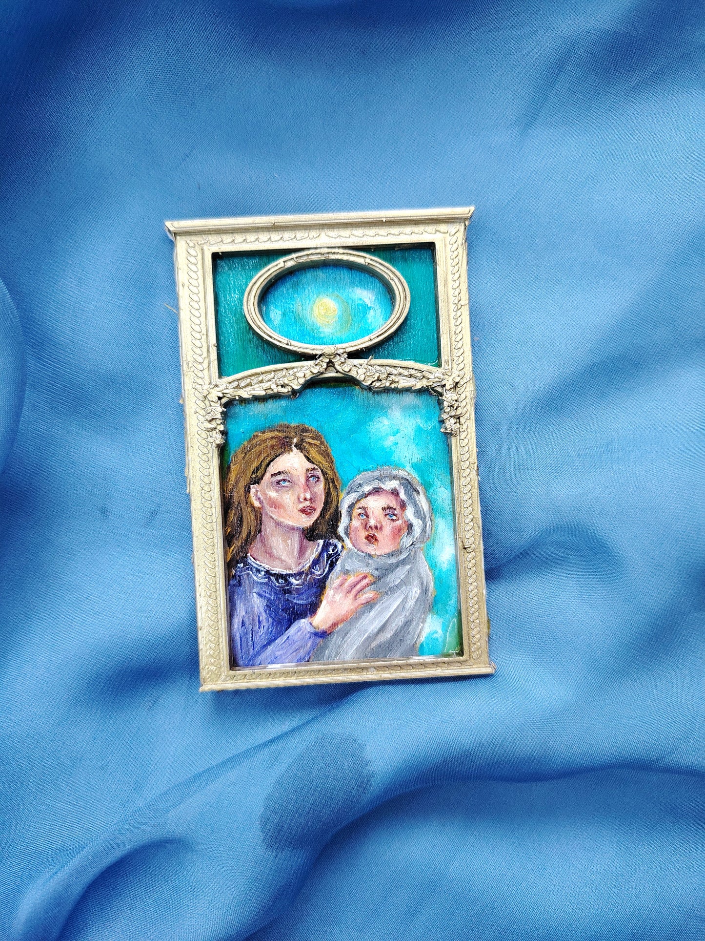 Huile sur bois miniature "Une mère et son bébé"