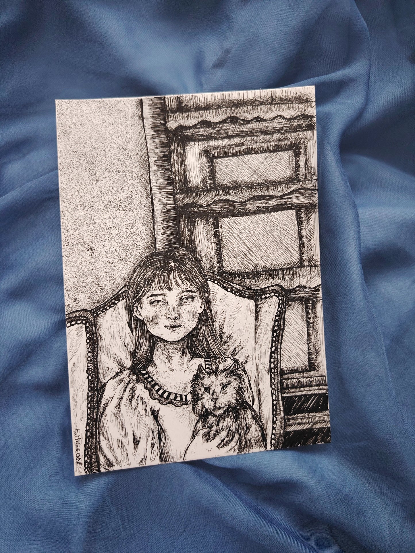 Illustration originale en A5 "La femme et son chat"