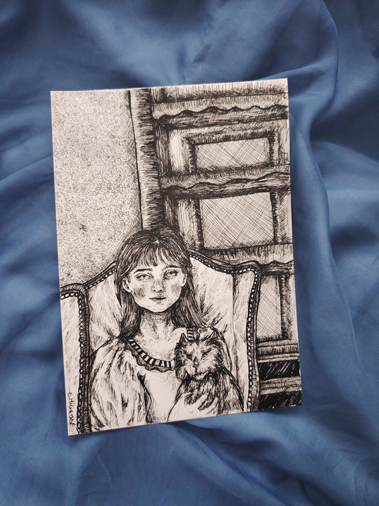 Illustration originale en A5 "La femme et son chat"