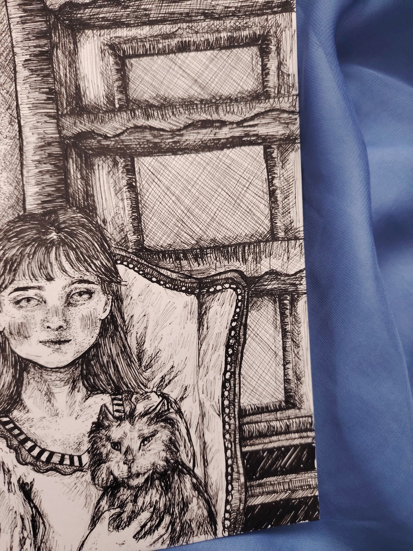 Illustration originale en A5 "La femme et son chat"