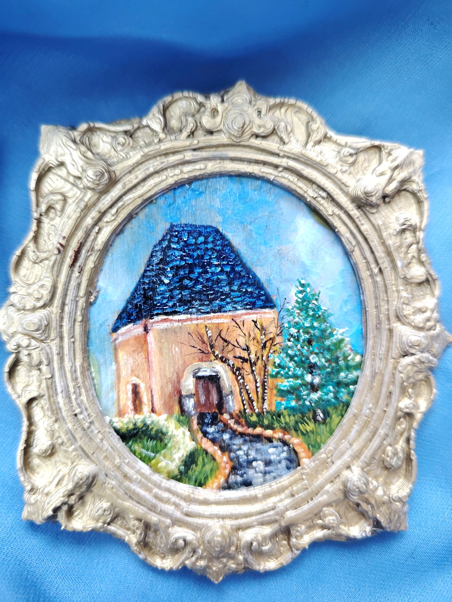 Huile sur bois miniature "Petite maison"