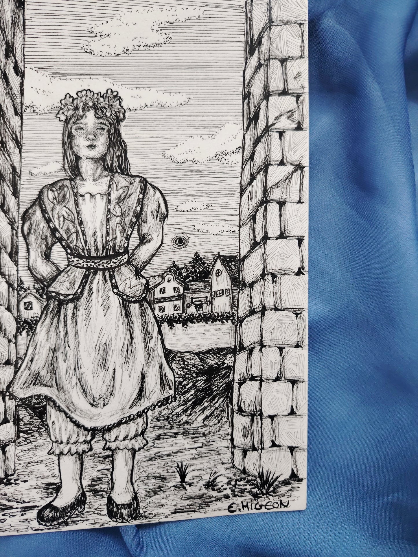 Illustration originale en A5 "La fille à la couronne de fleurs"