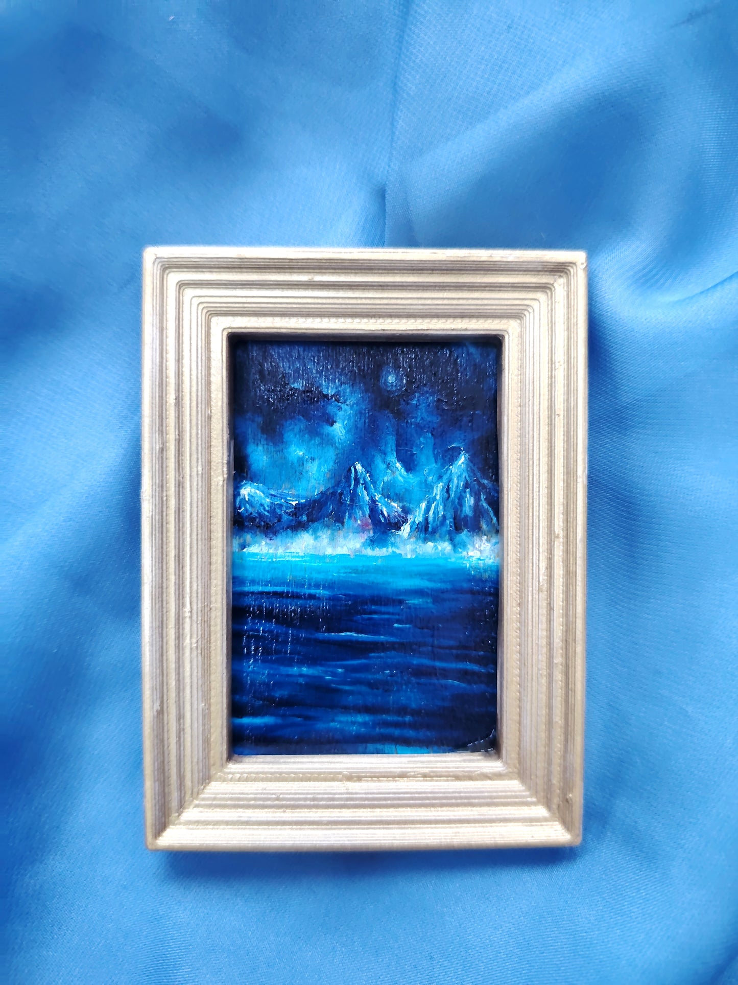 Huile sur bois miniature "La nuit sur les montagnes"