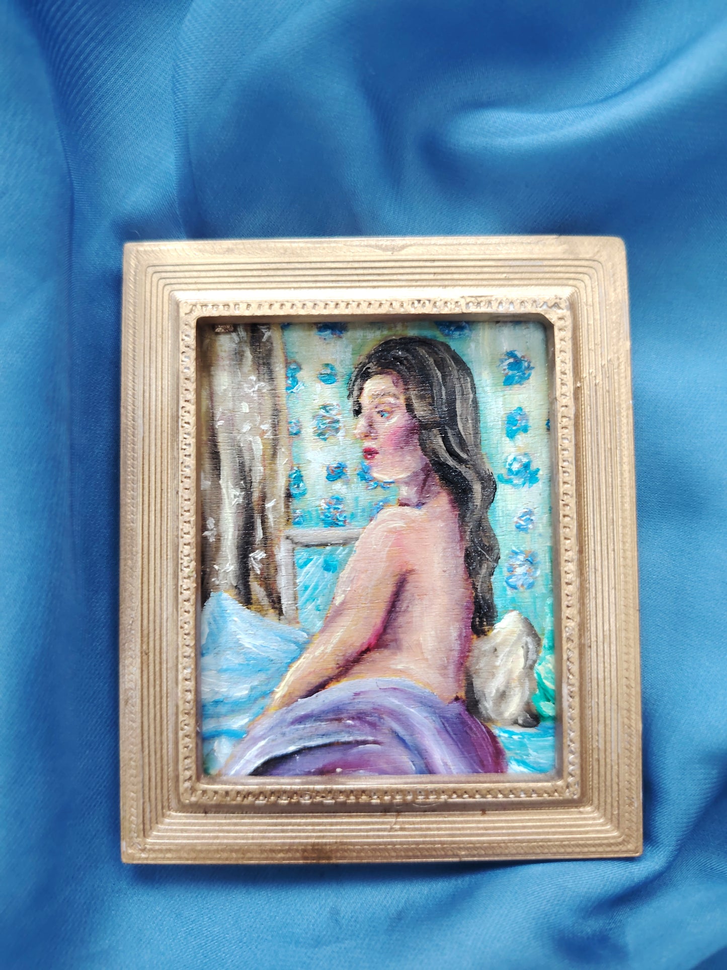 Huile sur bois miniature "Le calme du matin"