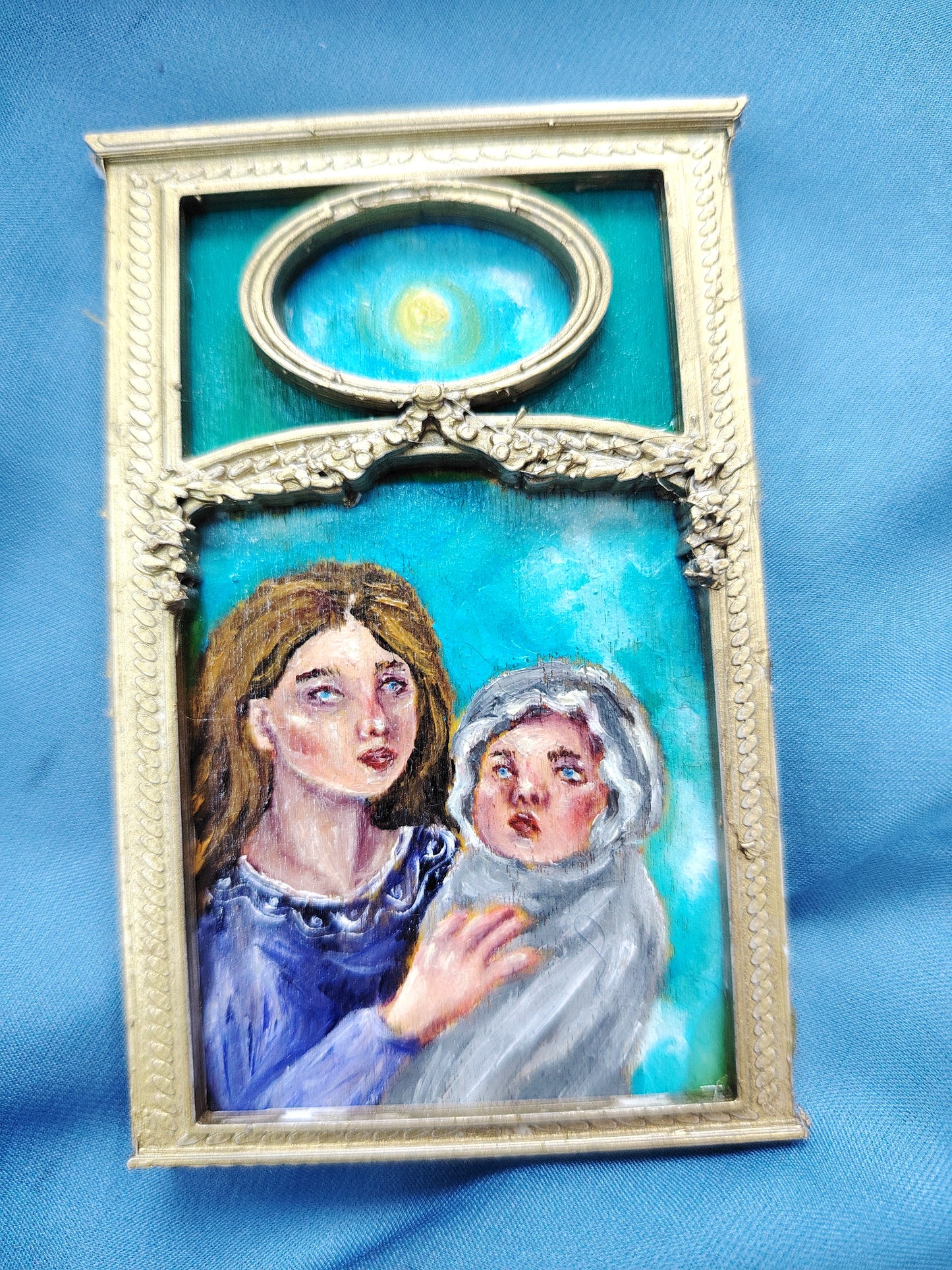 Huile sur bois miniature "Une mère et son bébé"