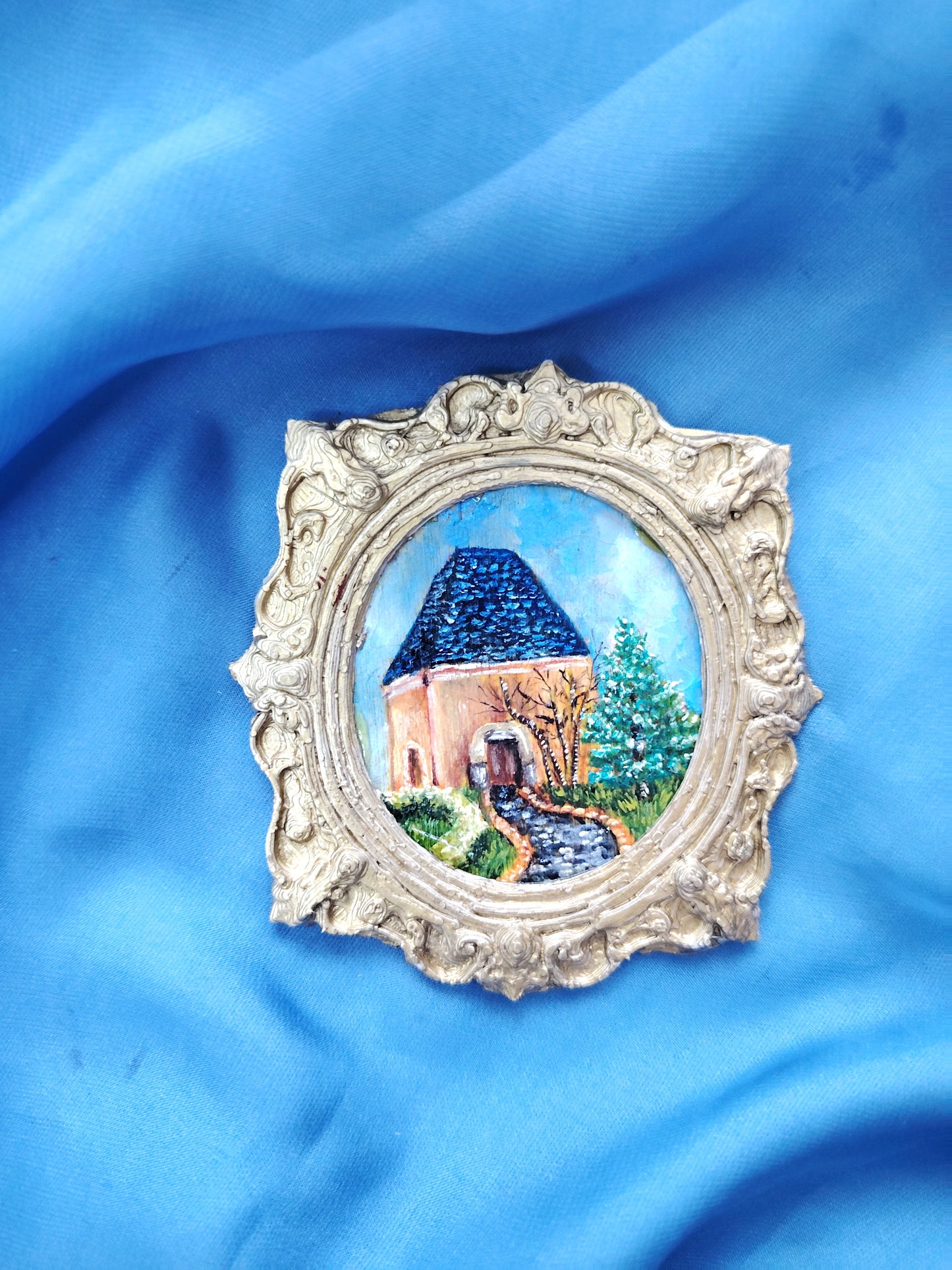 Huile sur bois miniature "Petite maison"